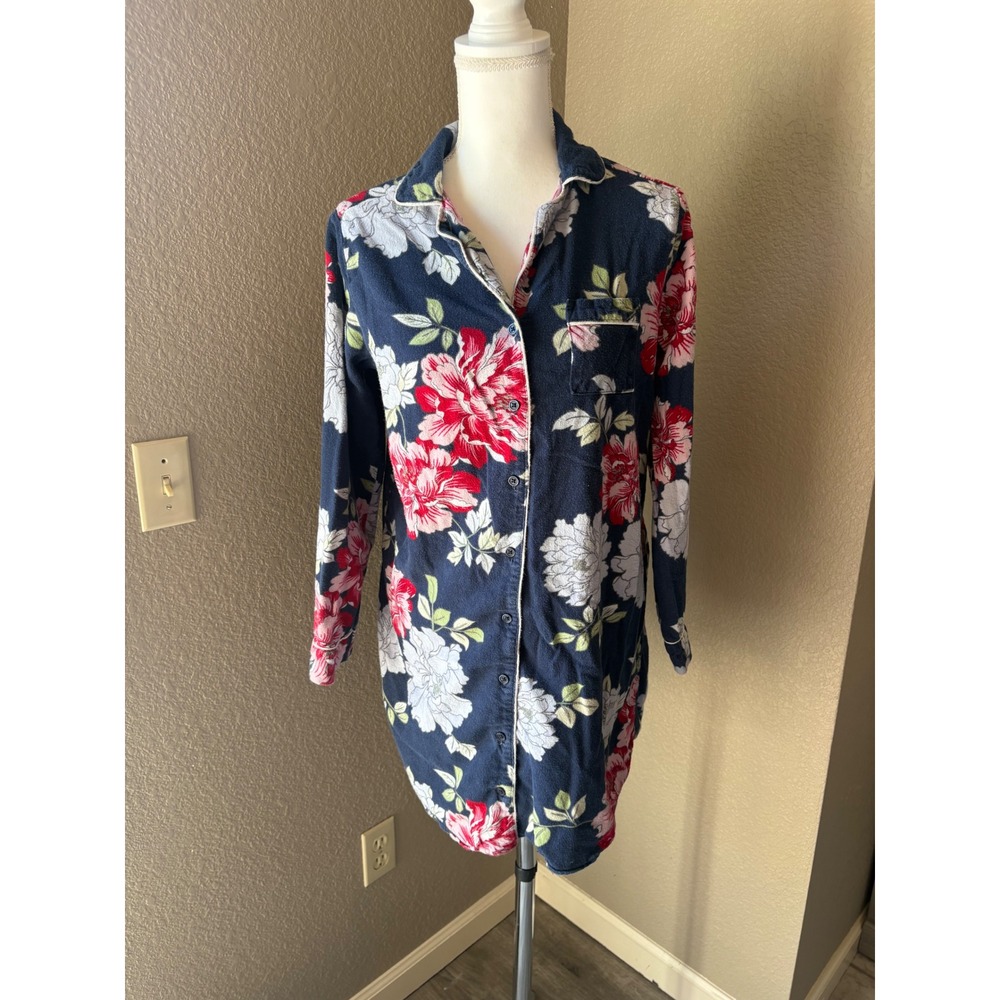 Liz Claiborne Womens Small Navy Blue Floral Cotton Flannel Nightshirt Pajamas